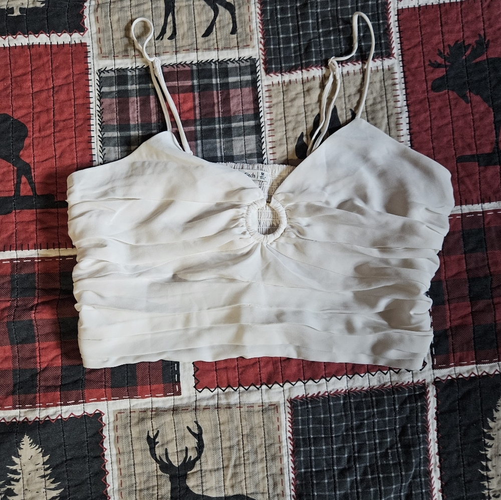 Abercrombie & Fitch White Ruched O Ring Crop Top.